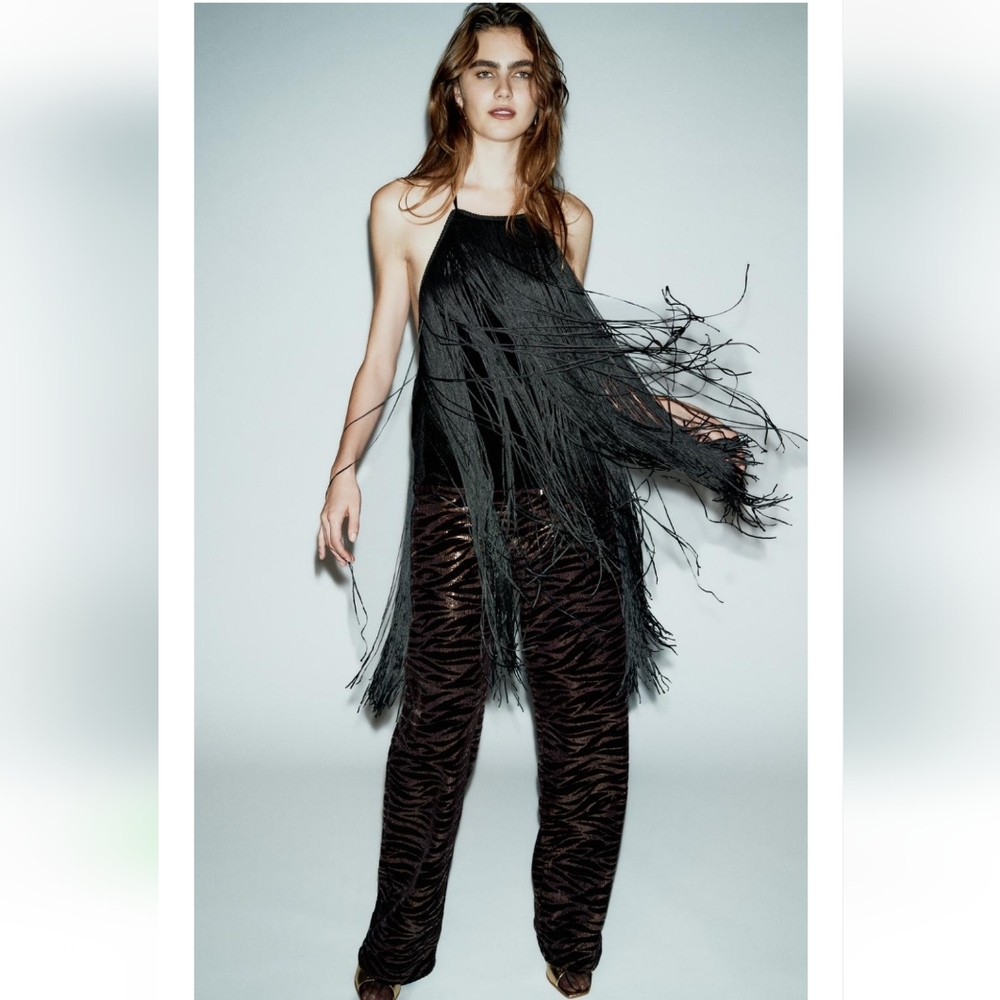 Zara Black Fringe Halter Top with Brown Patterned Straight-Leg Pants
